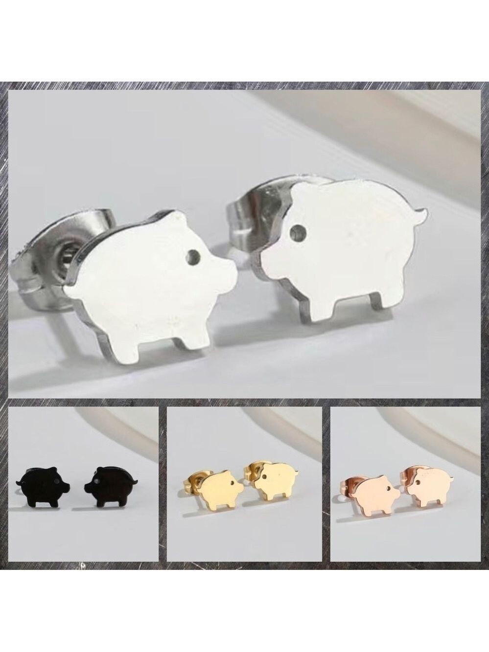 Little Pigs Stainless Steel Stud Earrings #822 (Color: Silver)